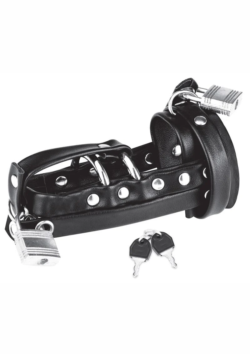 Blue Line C and B Gear Gimp Cock Locking Chastity Sheath with Metal Double Cock Ring