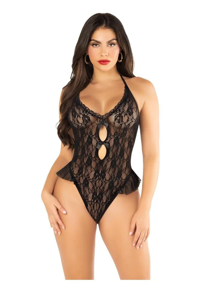 Floral Lace Halter Bodysuit with Mini Bow and Flutter Accent