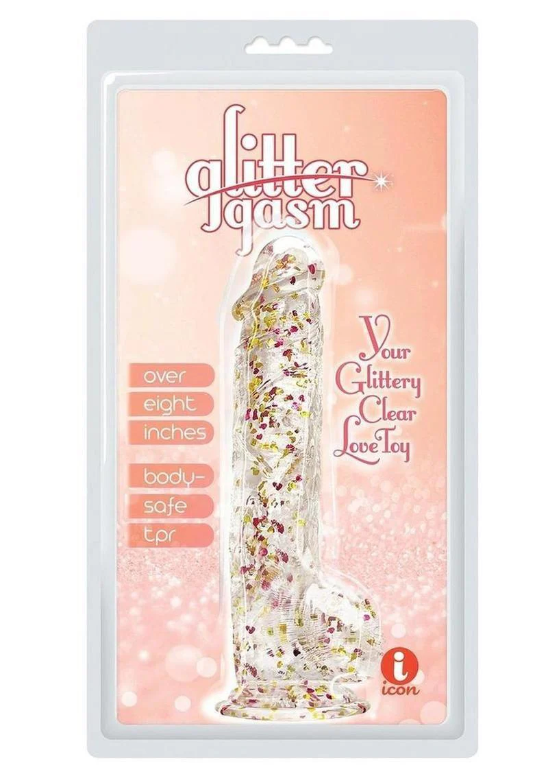 Glittergasm Realistic Clear Dildo with Balls and Suction Cup - Blue/Purple/Violet Glitter - Image 2