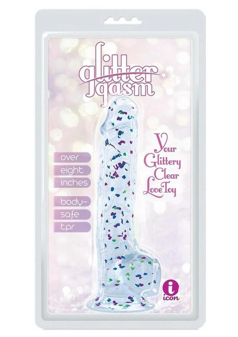 Glittergasm Realistic Clear Dildo with Balls and Suction Cup - Red/Orange/Golden Glitter - Image 2