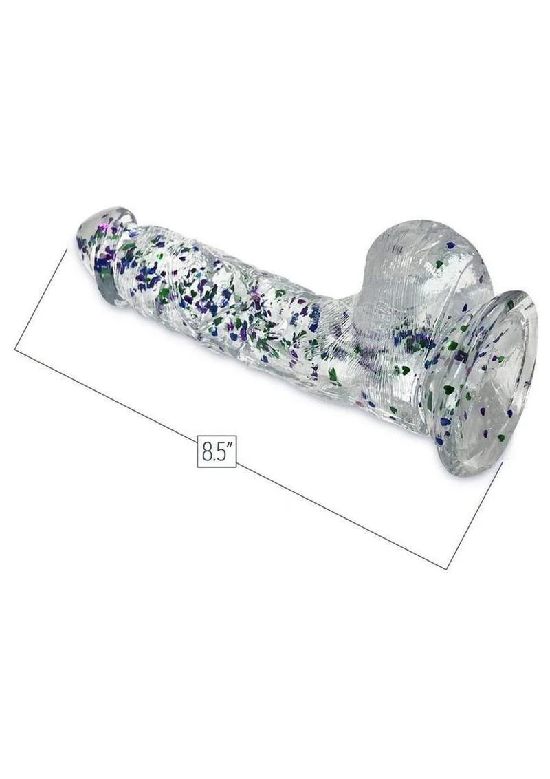 Glittergasm Realistic Clear Dildo with Balls and Suction Cup - Red/Orange/Golden Glitter - Image 3
