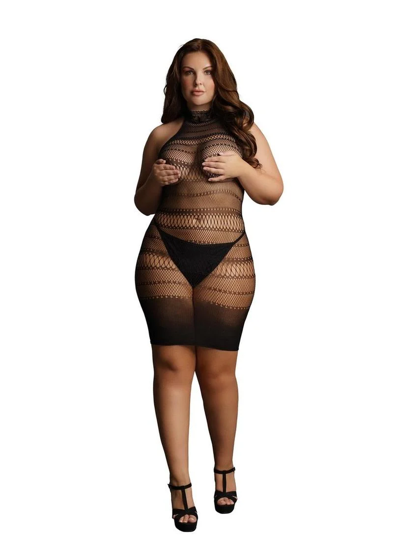 Le Desir High Lace Neck Net Mini Dress