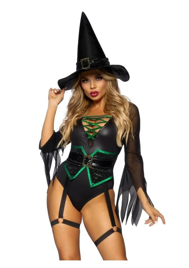 "Leg Avenue Broomstick Babe Bodysuit with Lace Up Deep-V and Waist Cincher Buckle Accent, Attached Garters, and Witch Hat" - Image 3
