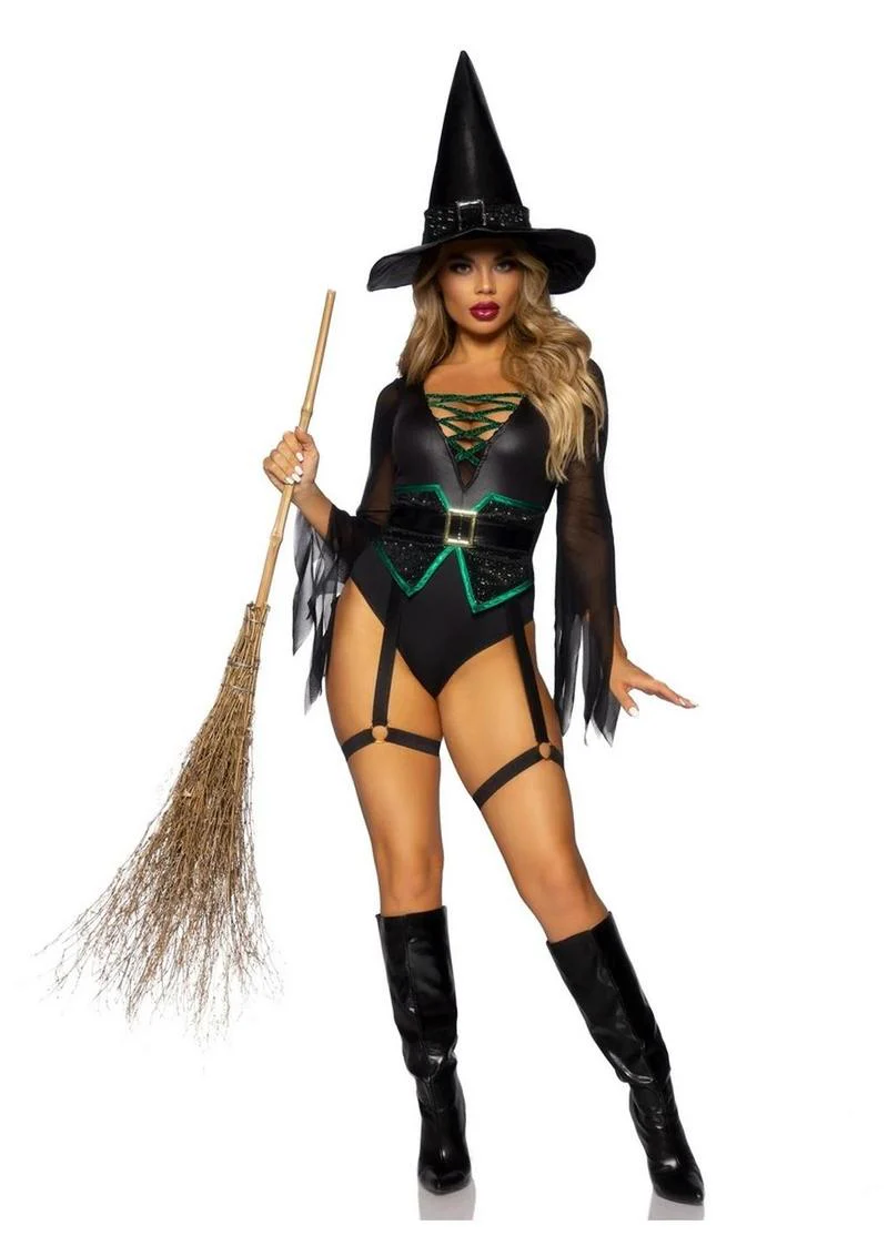 "Leg Avenue Broomstick Babe Bodysuit with Lace Up Deep-V and Waist Cincher Buckle Accent, Attached Garters, and Witch Hat" - Image 6