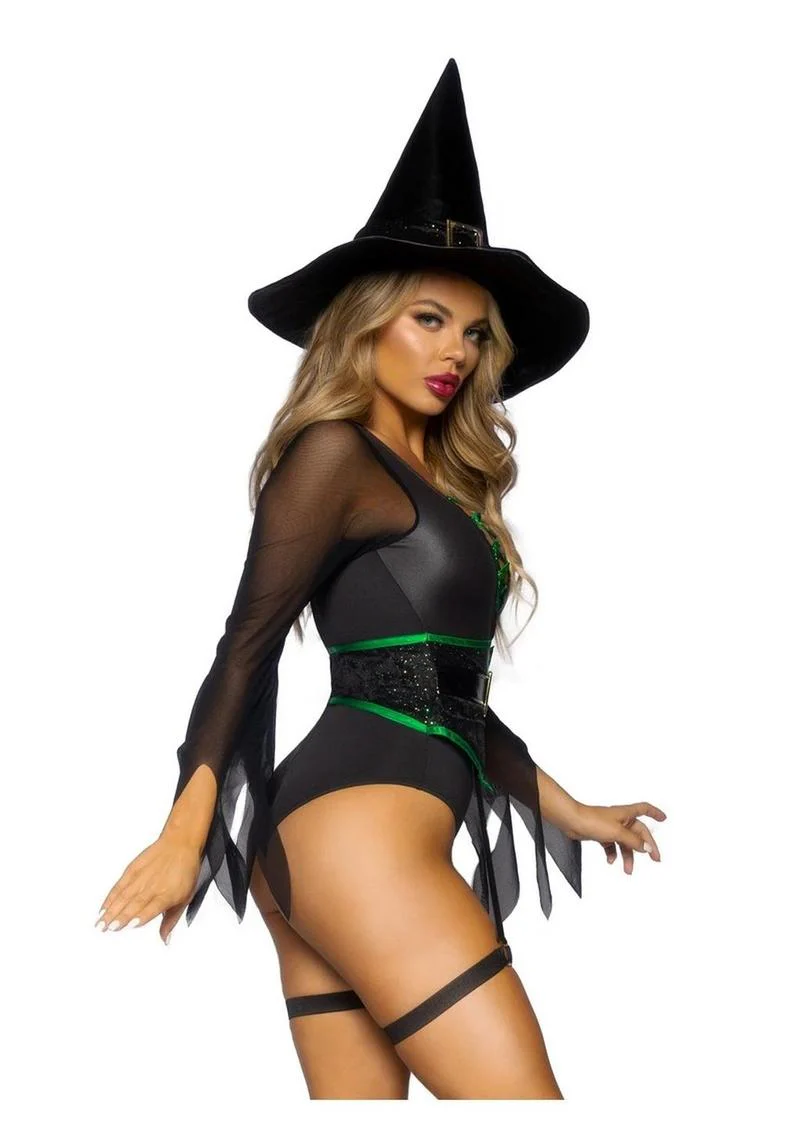 "Leg Avenue Broomstick Babe Bodysuit with Lace Up Deep-V and Waist Cincher Buckle Accent, Attached Garters, and Witch Hat" - Image 7