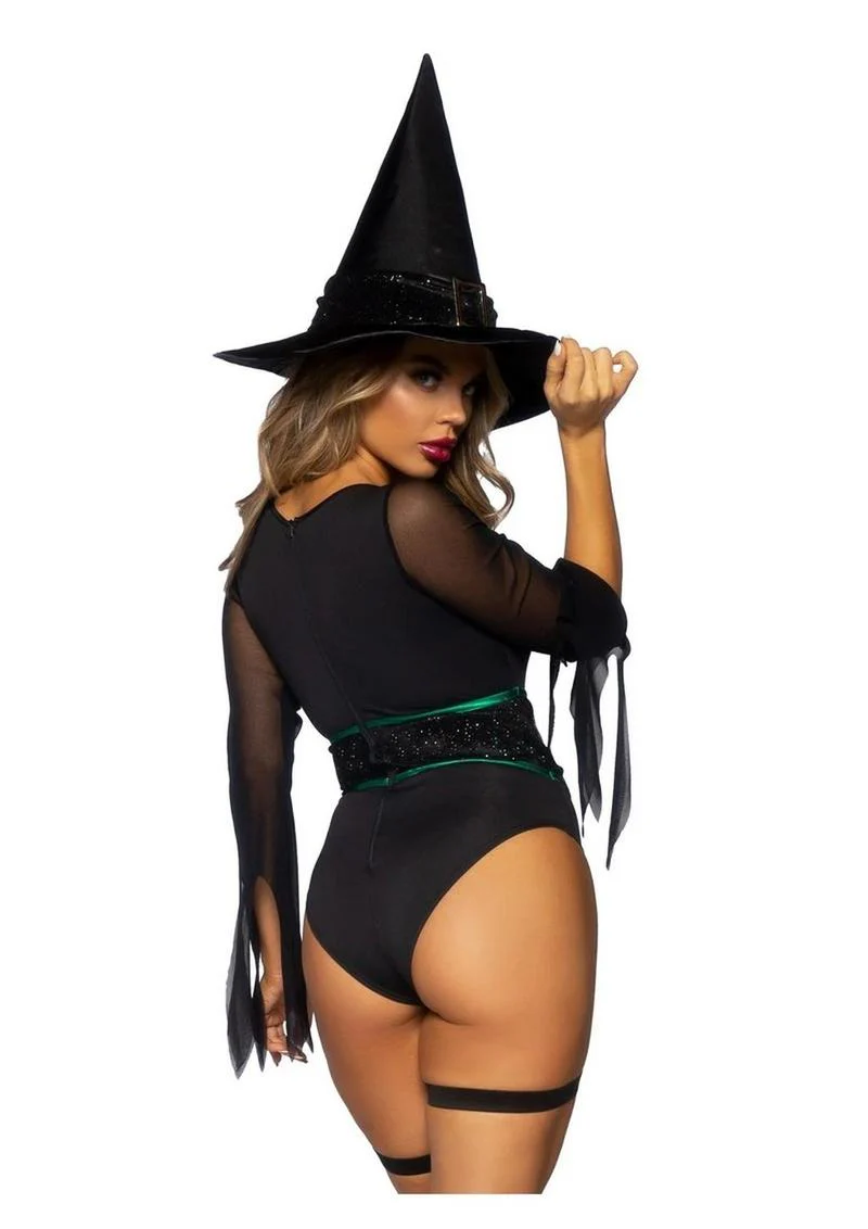 "Leg Avenue Broomstick Babe Bodysuit with Lace Up Deep-V and Waist Cincher Buckle Accent, Attached Garters, and Witch Hat" - Image 8