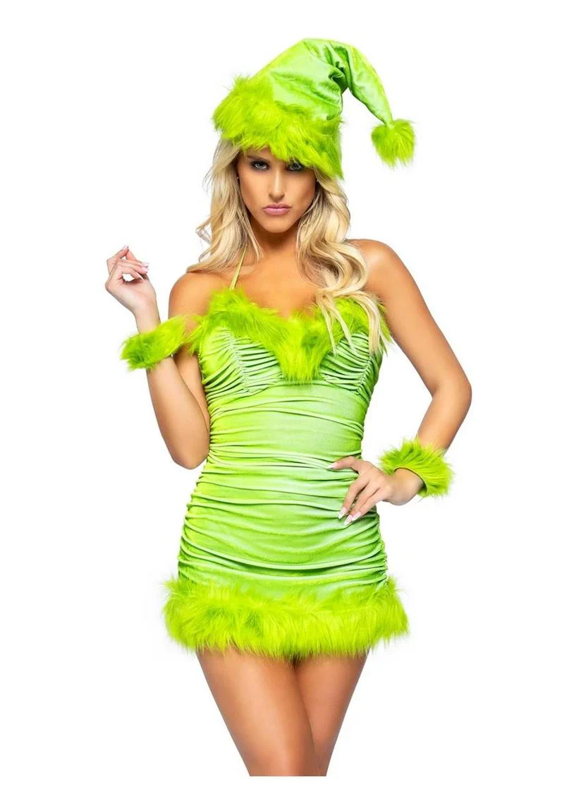 "Leg Avenue Christmas Baddie Set Ruched Velvet Dress with Tie Back Halter Straps and Fur Trim, Wrist Cuffs, and Hat" - Image 12