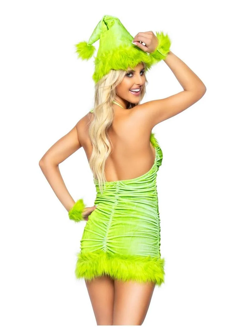 "Leg Avenue Christmas Baddie Set Ruched Velvet Dress with Tie Back Halter Straps and Fur Trim, Wrist Cuffs, and Hat" - Image 5