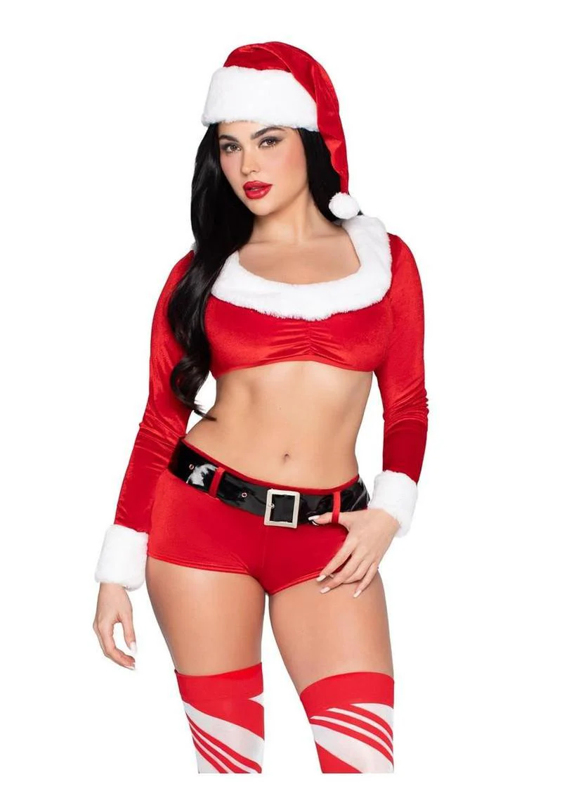 "Leg Avenue Christmas Cutie Costume, Velvet Crop Top with Faux Fur Trim, Shorts, Belt and Santa Hat" - Image 3