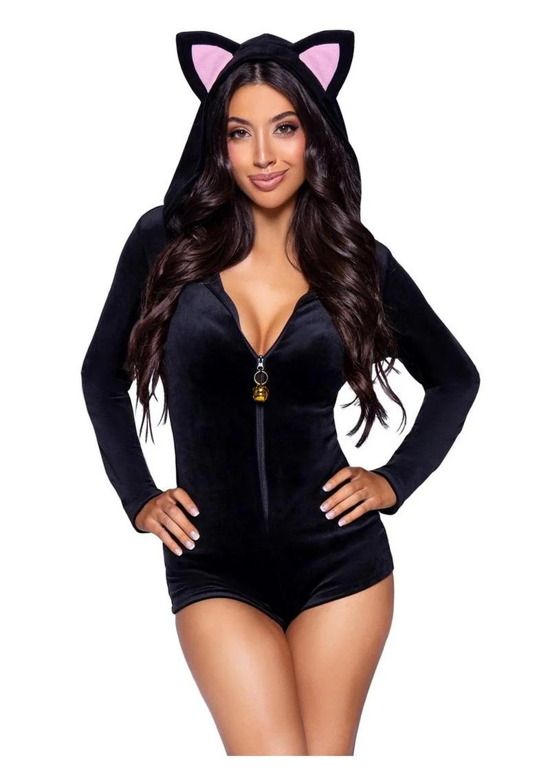 Leg Avenue Comfy Cat Ultra-Soft Velvet Plush Zip Up Romper - Image 2