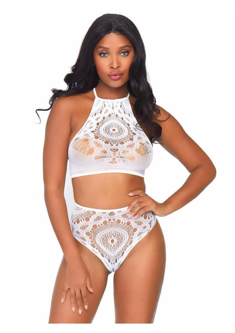 Leg Avenue Crochet Lace Halter Crop Top with Strappy Back Detail and High Waist Thong Panties - Image 11