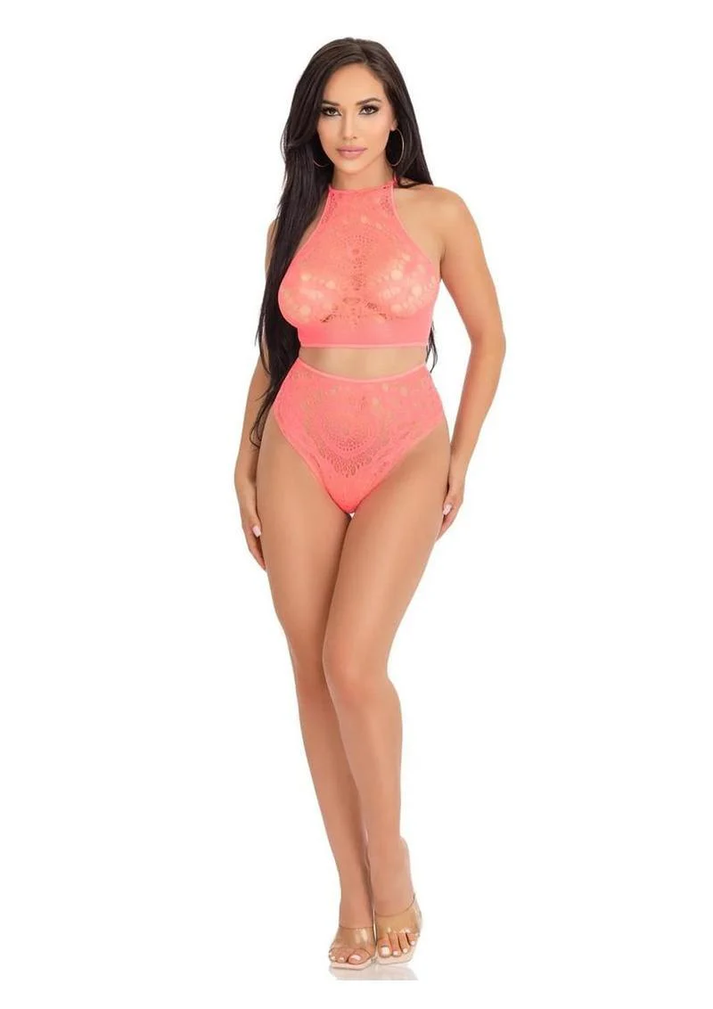 Leg Avenue Crochet Lace Halter Crop Top with Strappy Back Detail and High Waist Thong Panties - Image 9