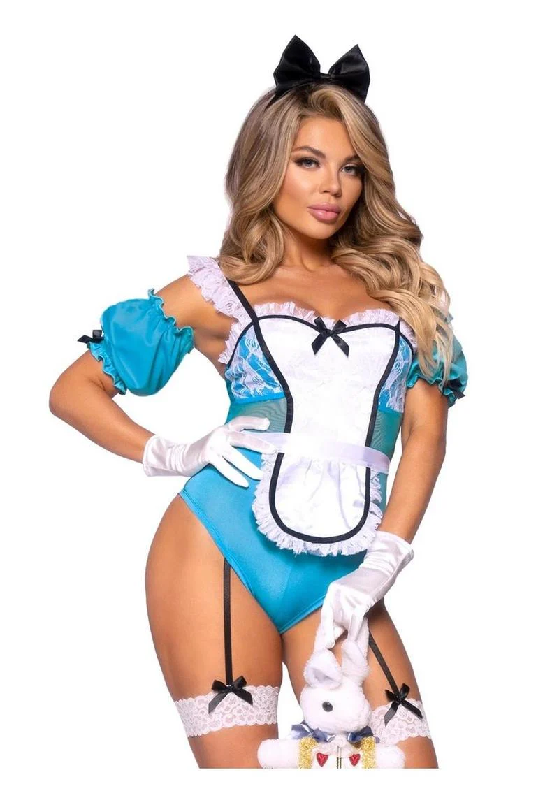 "Leg Avenue Curious Miss Alice Lace Trimmed Garter Bodysuit with Sheer Panels, Puff Sleeves, Apron, and Bow Headband" - Image 2