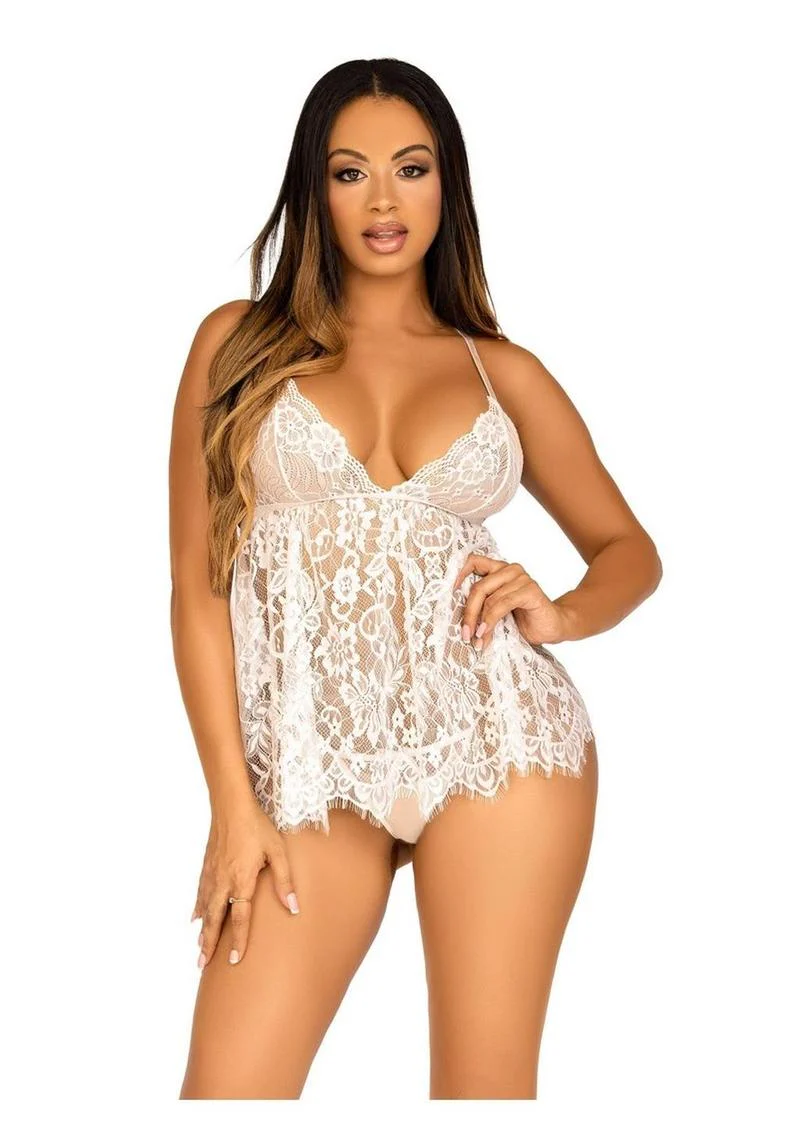 Leg Avenue Floral Lace Babydoll with Eyelash Lace Scalloped Hem Adjustable Cross-Over Straps and G-String Panty - Image 2