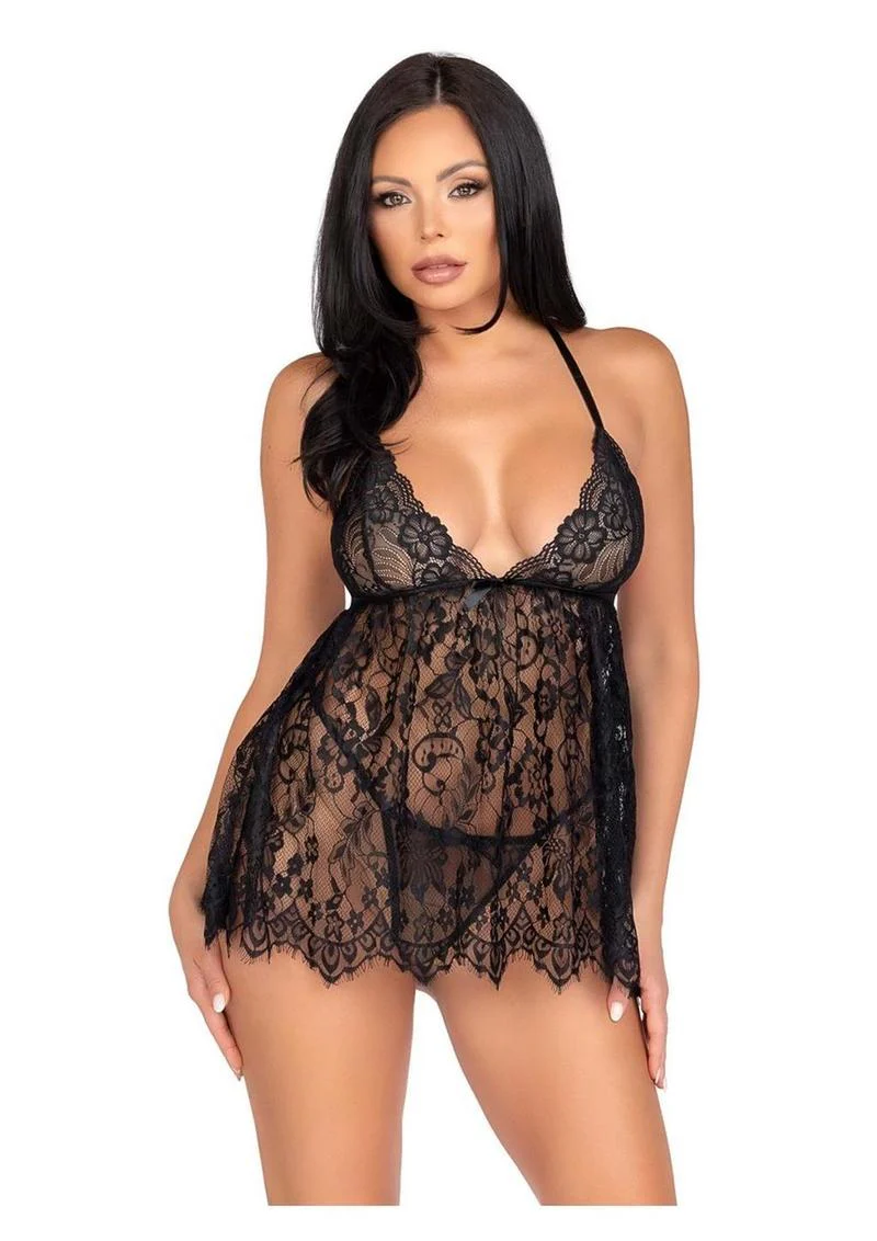 Leg Avenue Floral Lace Babydoll with Eyelash Lace Scalloped Hem Adjustable Cross-Over Straps and G-String Panty - Image 5