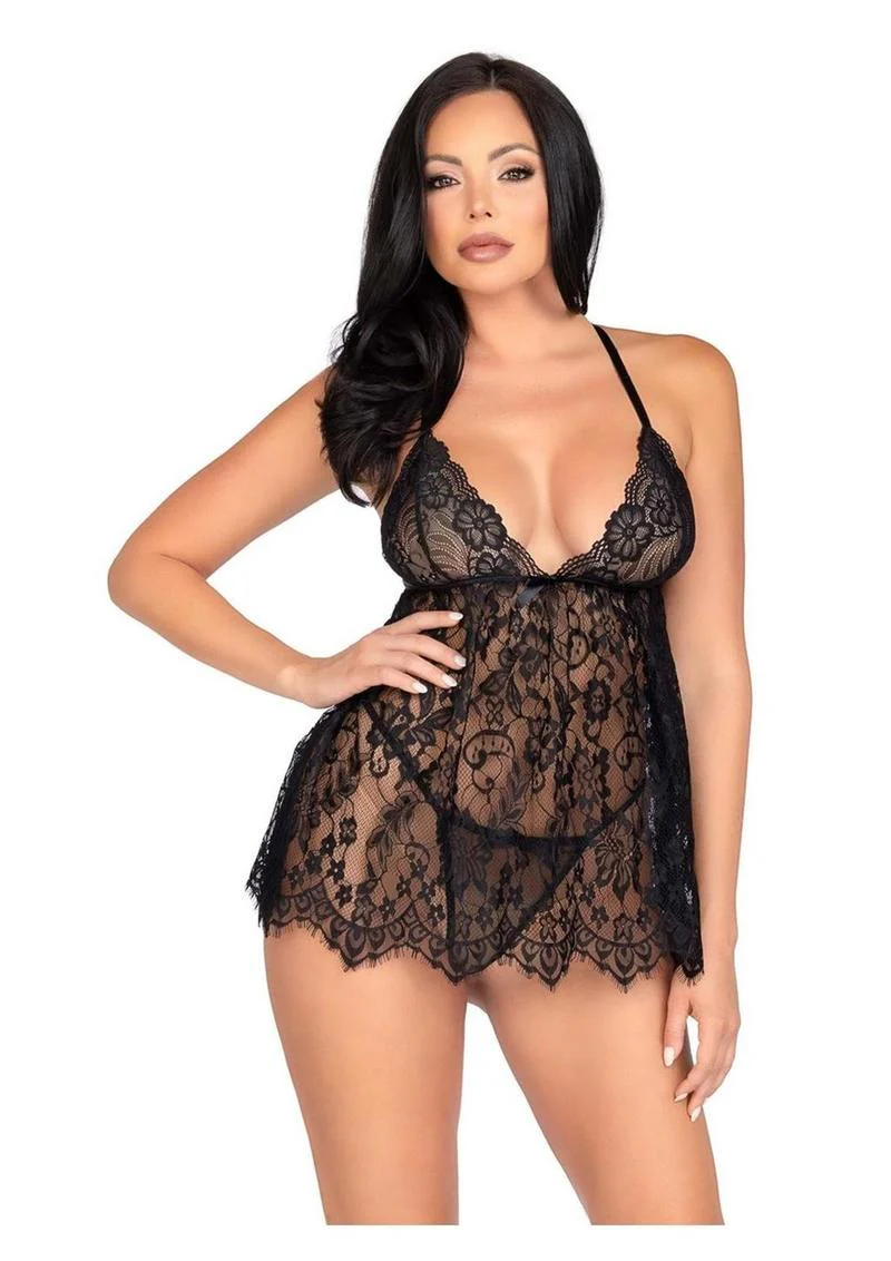 Leg Avenue Floral Lace Babydoll with Eyelash Lace Scalloped Hem Adjustable Cross-Over Straps and G-String Panty - Image 8