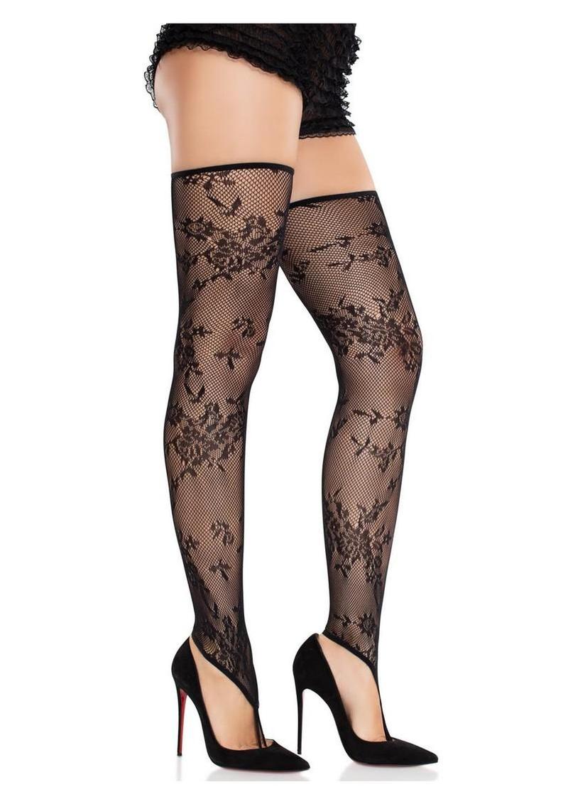 Leg Avenue Floral Net Toe Loop Footless Thigh Highs - Image 2