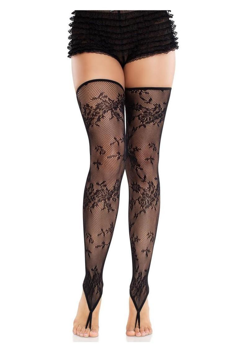 Leg Avenue Floral Net Toe Loop Footless Thigh Highs - Image 4