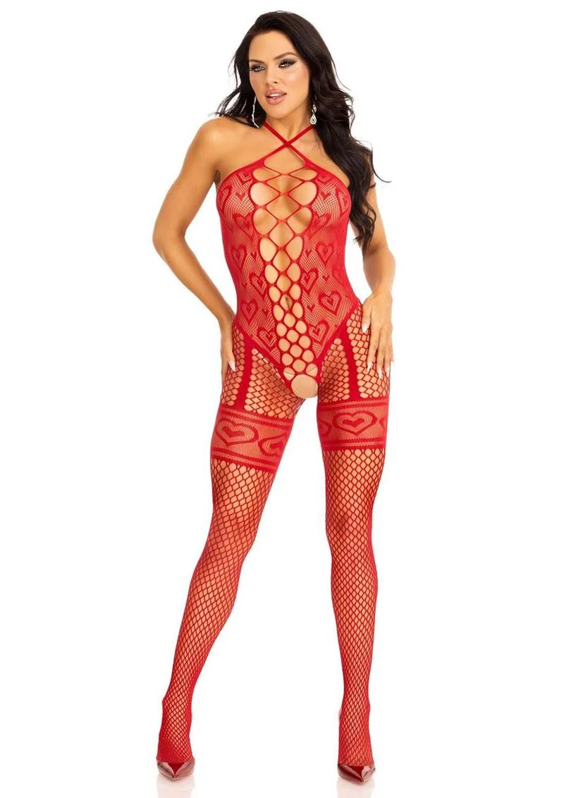 Leg Avenue Heart Net Halter Bodystocking with Faux Lace Up Front and Leg Garter Detail - Image 4
