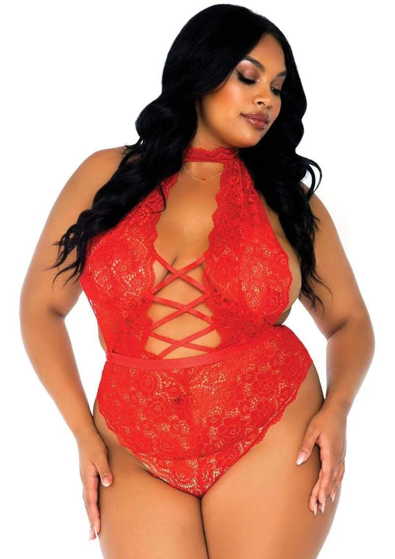 Leg Avenue High Neck Floral Lace Backless Teddy with Lace Up Accents and Crotchless Thong Panty - Image 2