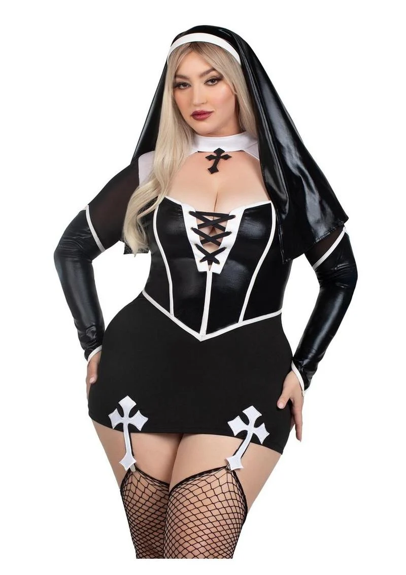 Leg Avenue Holy Hottie Set Boned Garter Dress with Cross Accents and Nun Habit (2 Piece) - 1x/2x