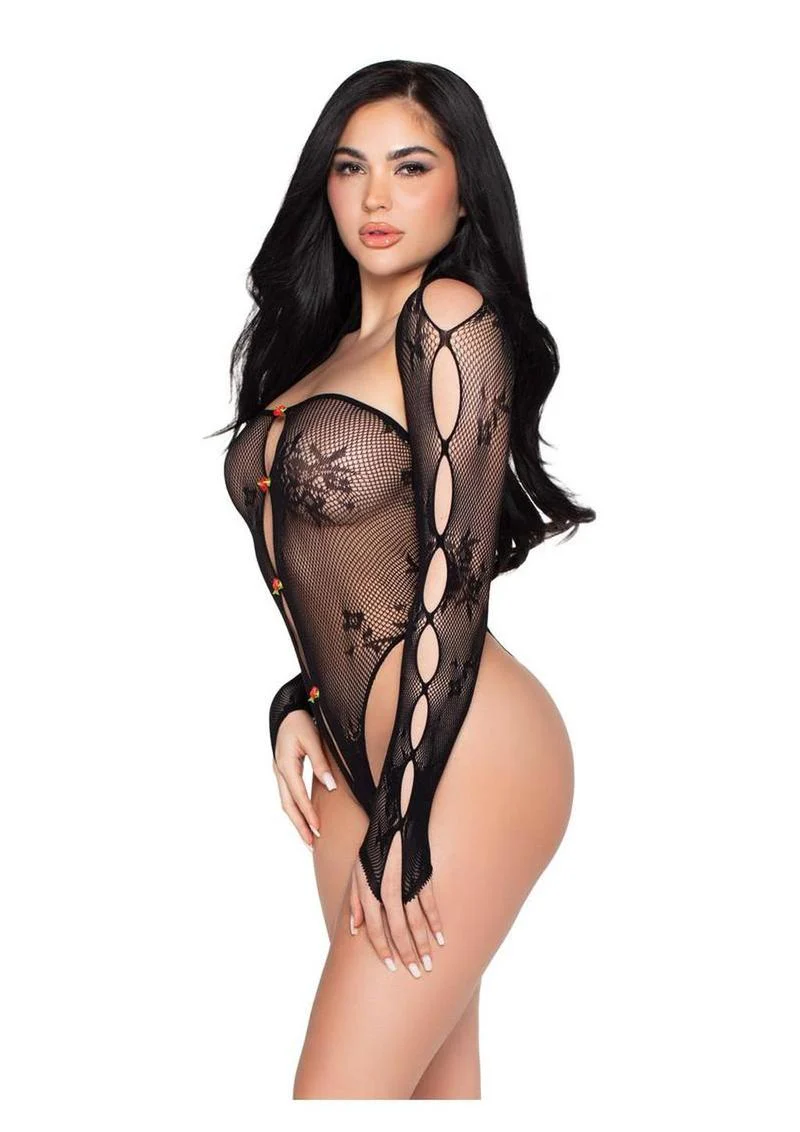 Leg Avenue Keyhole Net and Lace Crotchless Teddy with Rosette Accents and Matching Shrug - Image 3
