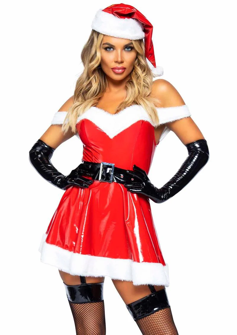 "Leg Avenue Naughty Santa Off The Shoulder Vinyl Dress with Tie Back Halter Straps, Belt and Santa Hat" - Image 2