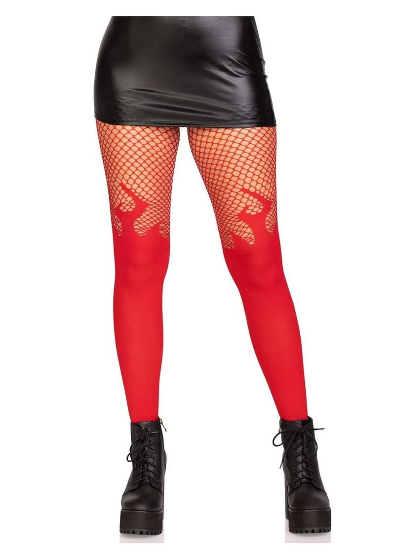 Leg Avenue Opaque Flame Tights with Fishnet Top - Image 2