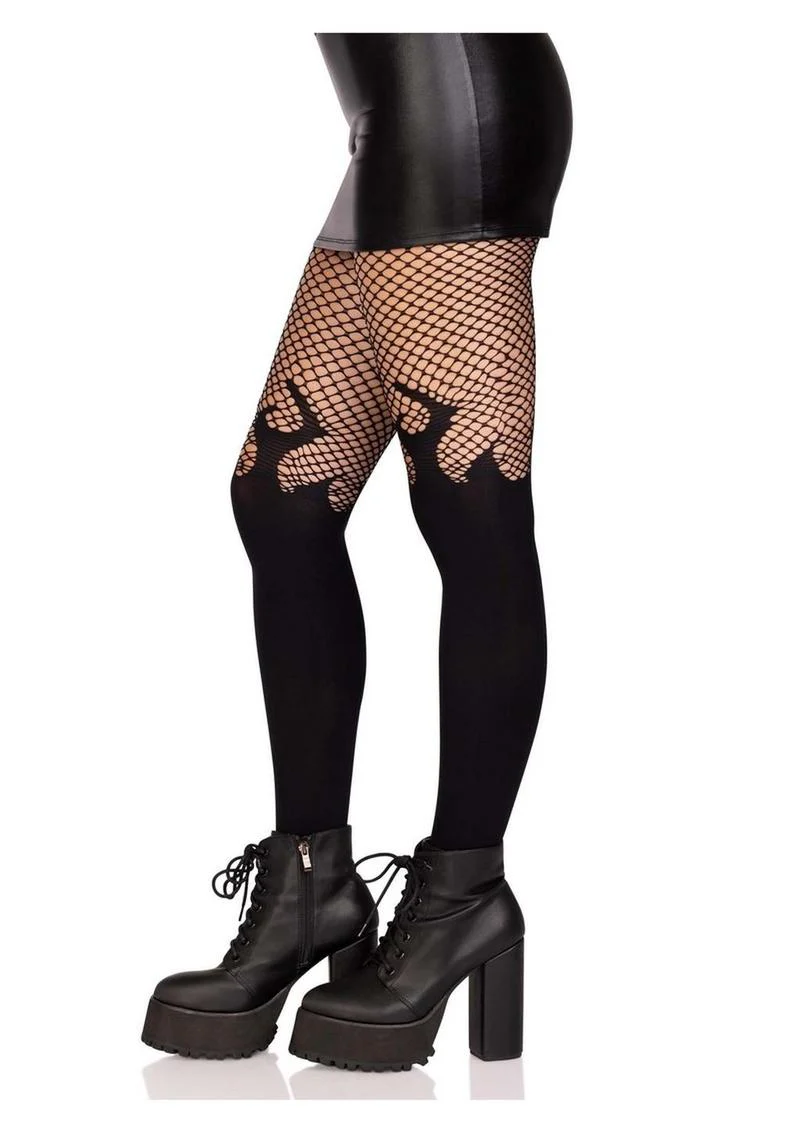 Leg Avenue Opaque Flame Tights with Fishnet Top - Image 3