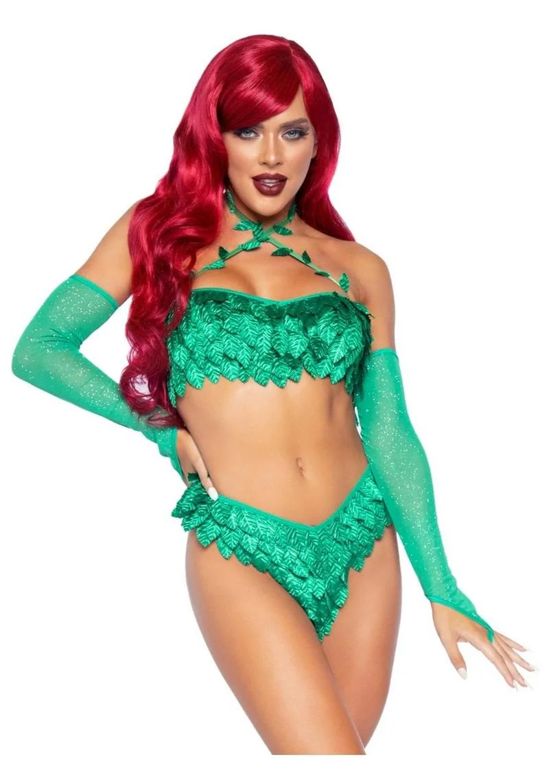 "Leg Avenue Poison Temptress Leafy Halter Top with Corset Lace Up Back, Leafy Panty, and Sleeves" - Image 2