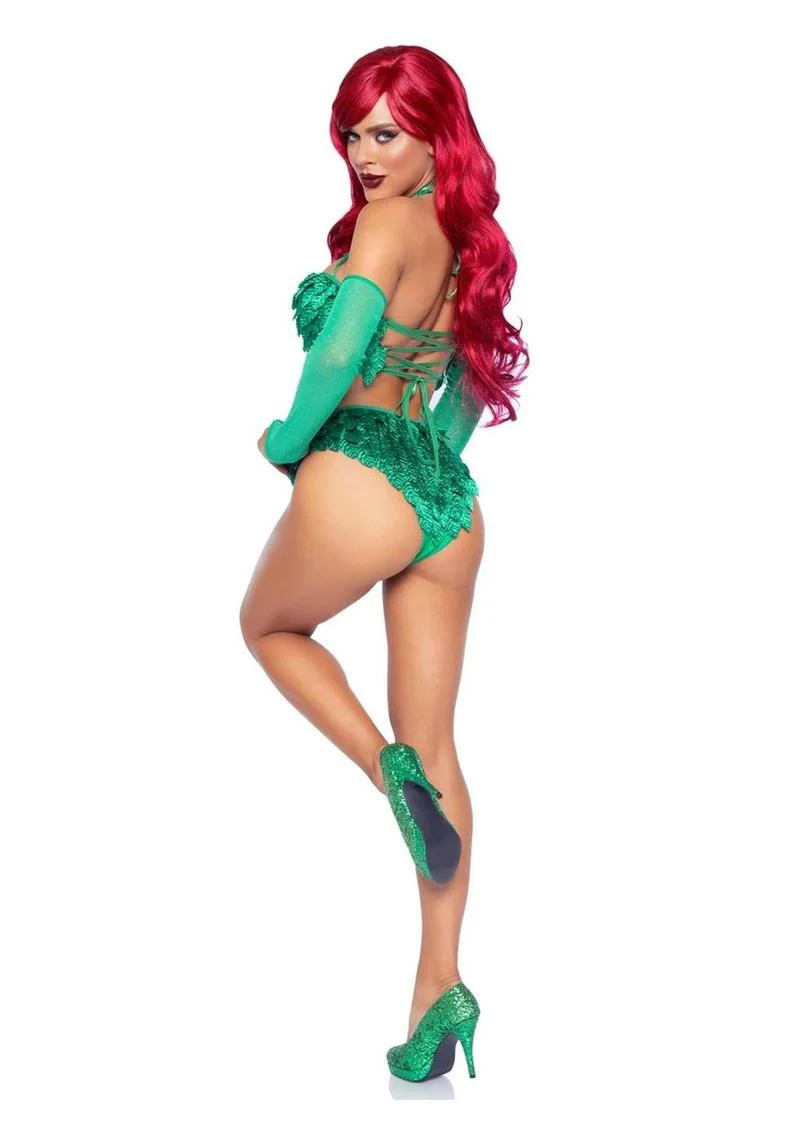 "Leg Avenue Poison Temptress Leafy Halter Top with Corset Lace Up Back, Leafy Panty, and Sleeves" - Image 6