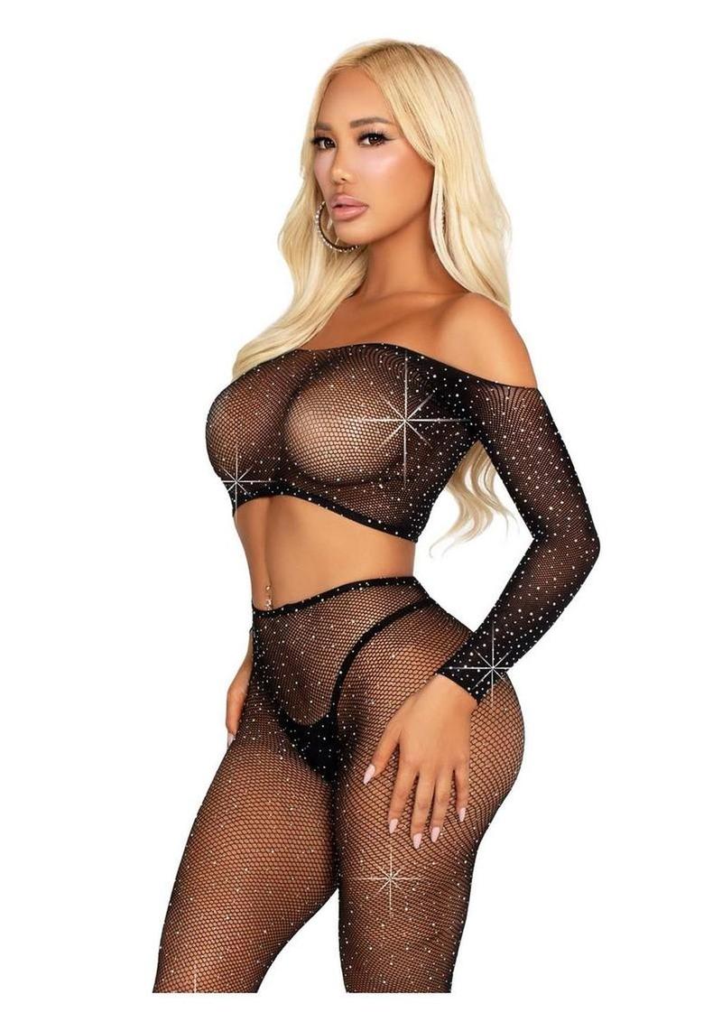Leg Avenue Rhinestone Fishnet Crop Top and Footless Tights - Image 4