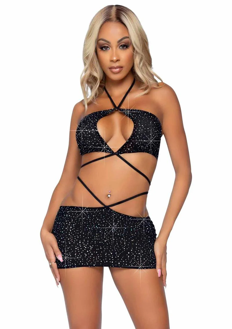 Leg Avenue Rhinestone Keyhole Bandeau Top and Low Rise Skirt with Waist Strap Detail - Image 2