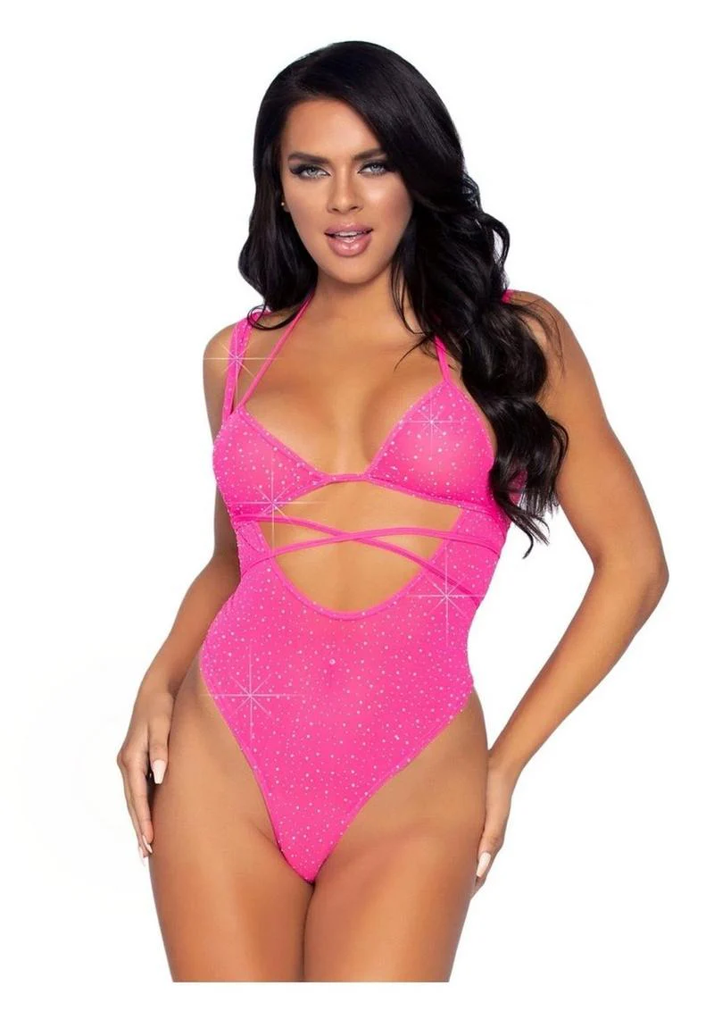 Leg Avenue Rhinestone Mesh Wrap Around Bikini Top and Suspender Bodysuit - Image 2