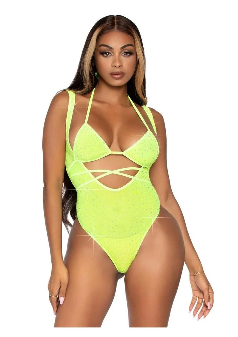 Leg Avenue Rhinestone Mesh Wrap Around Bikini Top and Suspender Bodysuit - Image 3
