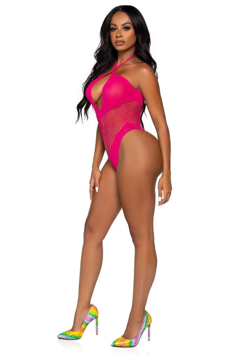 Leg Avenue Seamless Hexi Net Keyhole Halter Bodysuit - Image 9