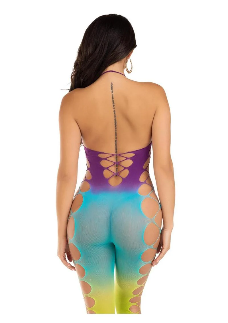 Leg Avenue Seamless Ombre Faux Lace Up Footless Bodystocking - One Size - Ocean - Image 3