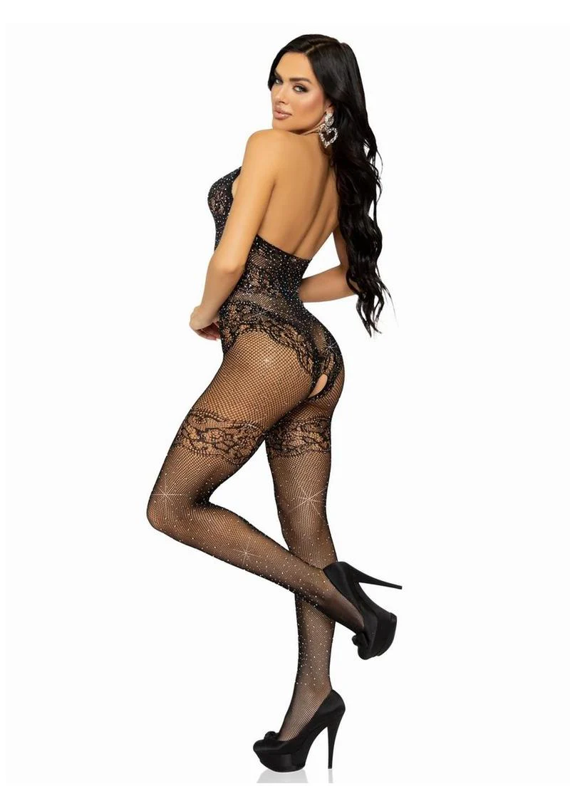 Leg Avenue Seamless Rhinestone Fishnet Bodystocking with Keyhole and Lace Lingerie Detail - Image 2