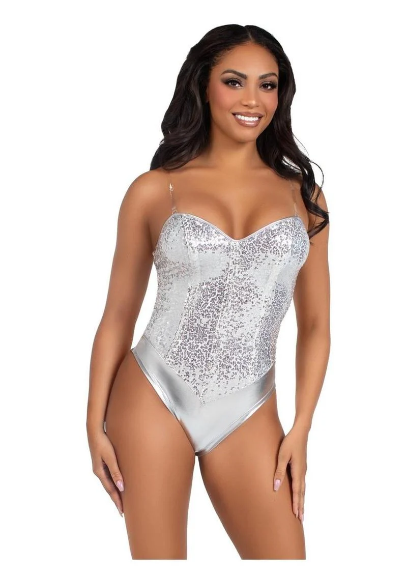 Leg Avenue Sequin Boned Snap Crotch Bodysuit with Detachable Clear Strap - Image 4