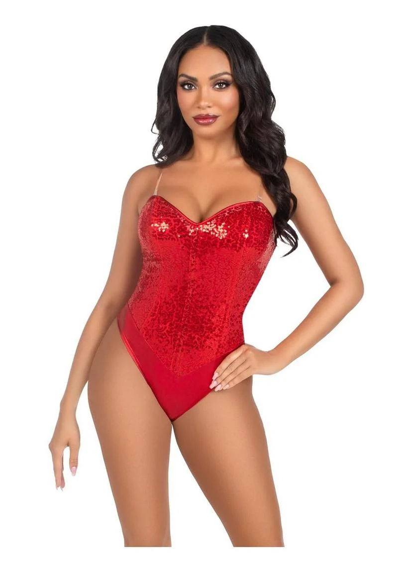 Leg Avenue Sequin Boned Snap Crotch Bodysuit with Detachable Clear Strap - Image 5
