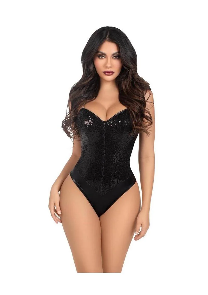 Leg Avenue Sequin Boned Snap Crotch Bodysuit with Detachable Clear Strap - Image 9
