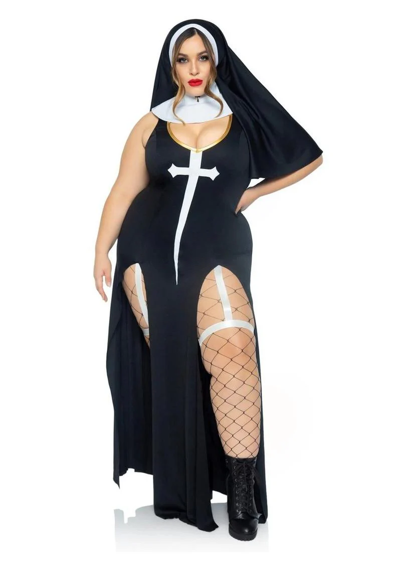 "Leg Avenue Sultry Sinner Dual Slit Garter Dress with Vinyl Cross Detail, Vinyl Collar, and Nun Habit" - Image 10
