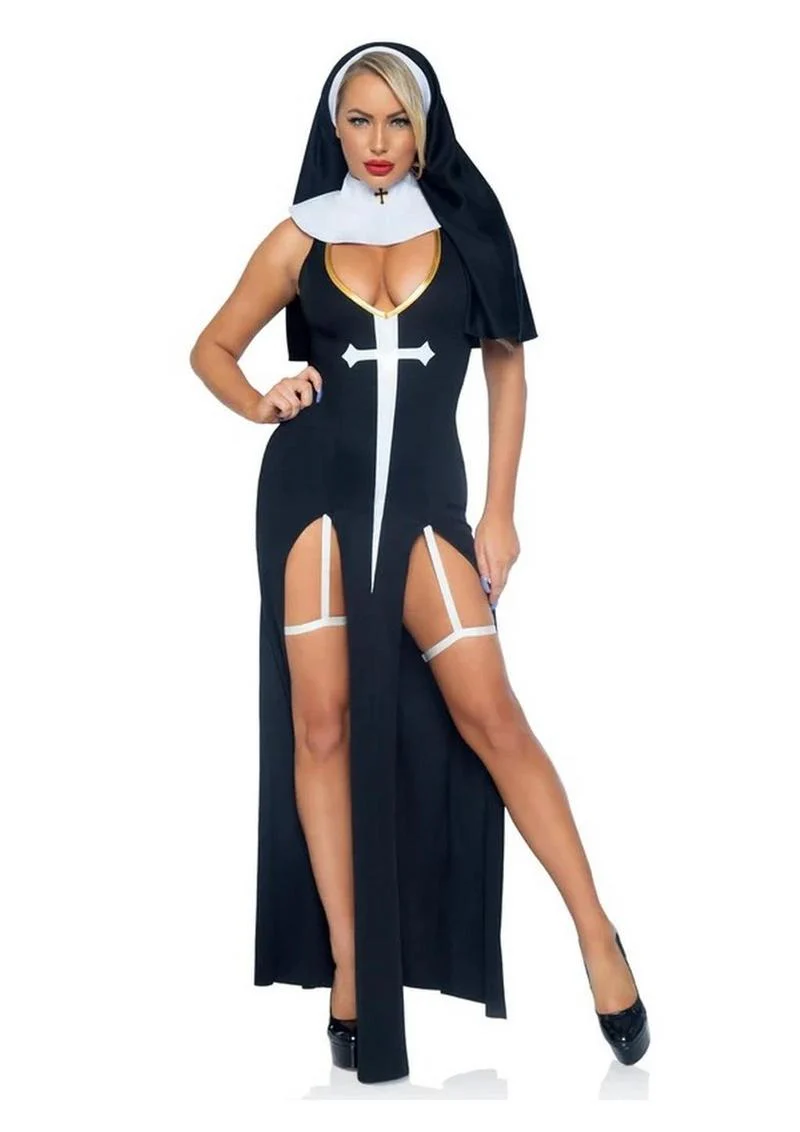 "Leg Avenue Sultry Sinner Dual Slit Garter Dress with Vinyl Cross Detail, Vinyl Collar, and Nun Habit" - Image 12