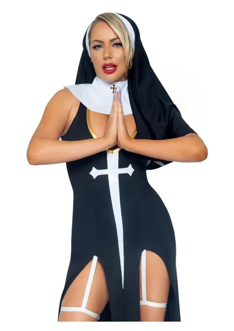 "Leg Avenue Sultry Sinner Dual Slit Garter Dress with Vinyl Cross Detail, Vinyl Collar, and Nun Habit" - Image 14