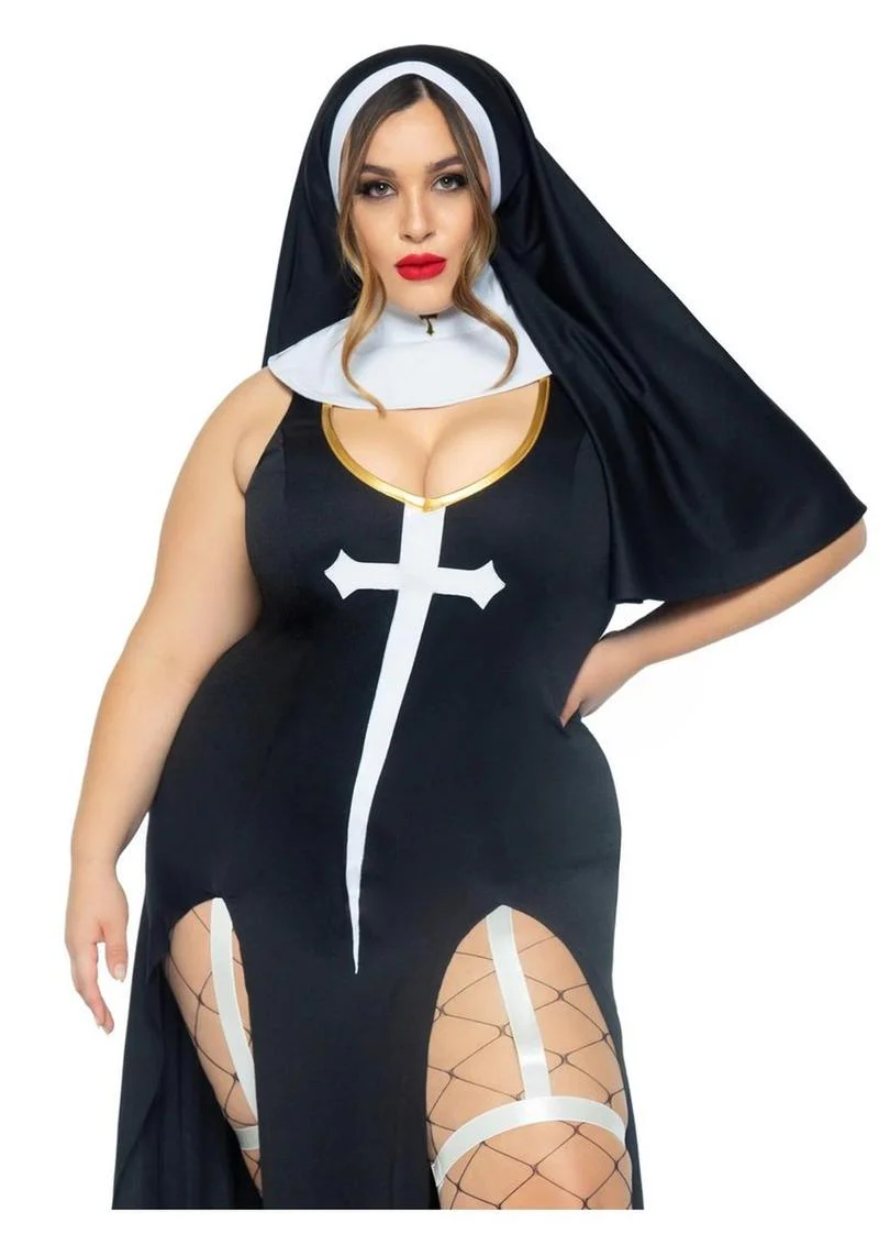 "Leg Avenue Sultry Sinner Dual Slit Garter Dress with Vinyl Cross Detail, Vinyl Collar, and Nun Habit" - Image 2