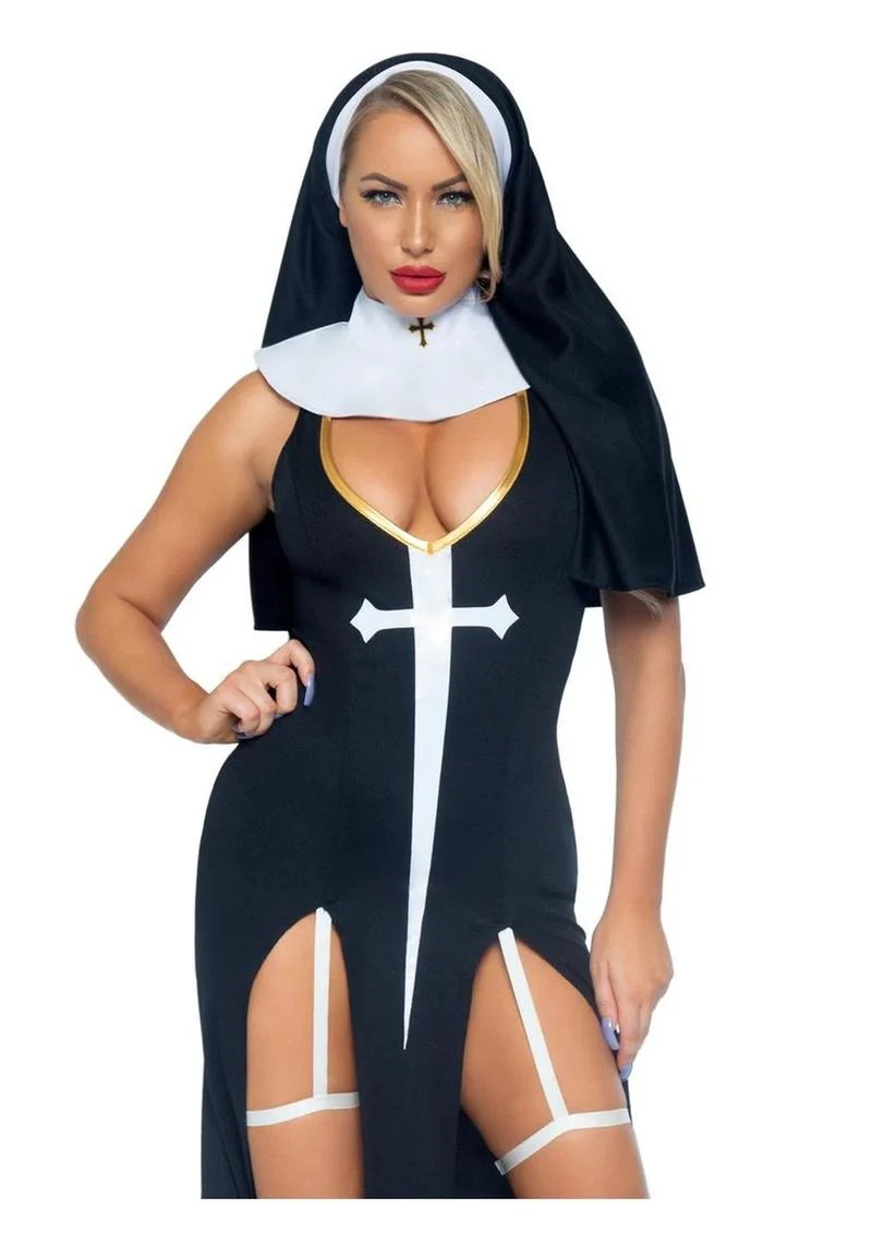 "Leg Avenue Sultry Sinner Dual Slit Garter Dress with Vinyl Cross Detail, Vinyl Collar, and Nun Habit" - Image 4