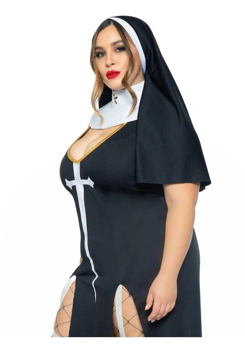 "Leg Avenue Sultry Sinner Dual Slit Garter Dress with Vinyl Cross Detail, Vinyl Collar, and Nun Habit" - Image 7