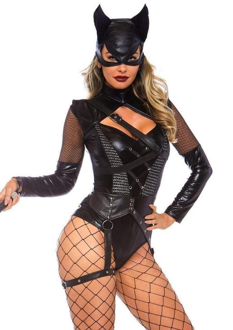 Leg Avenue Villainess Vixenspandex Strappy Bodysuit with O-Ring Attached Garter and Matching Hooded Mask - Image 2