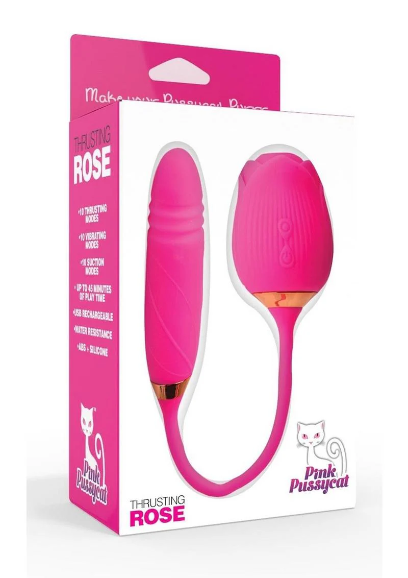 Pink Pussycat Vibrating Thrusting Rechargeable Silicone Rose with Remote - Image 2